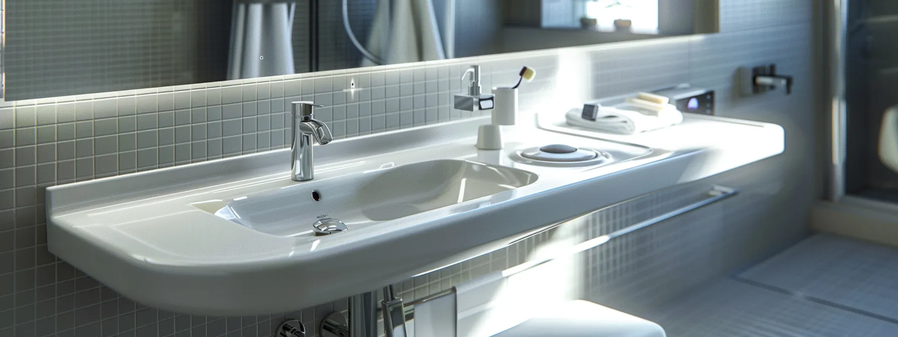 a spacious, wheelchair-accessible bathroom sink with easy-to-reach faucets and operational parts in a residential dwelling unit.