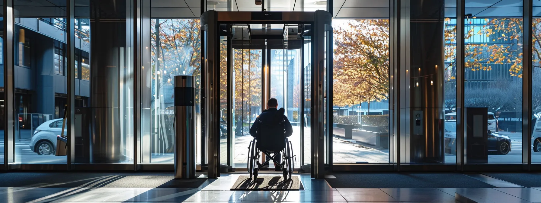 a full-powered automatic door opening with a person in a wheelchair waiting to enter.