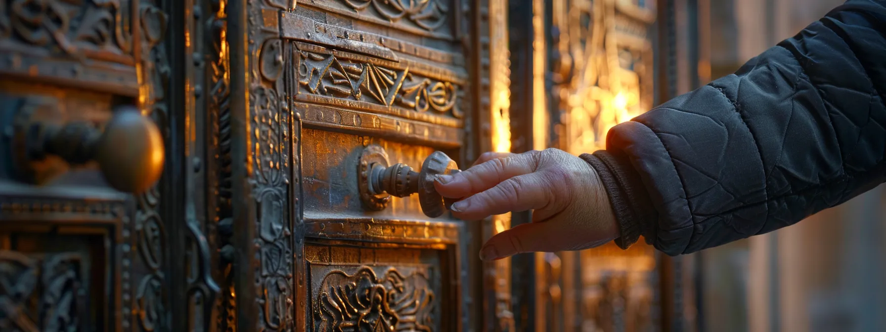 a person adjusting door hardware on a heavy historic door to improve accessibility.