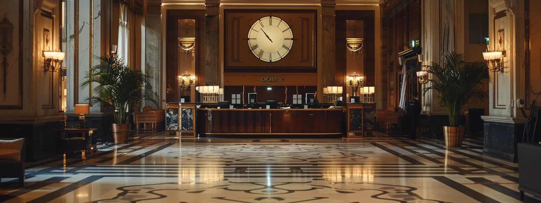 a hotel visual alarm system being carefully adjusted and tested in a spacious, elegant lobby.