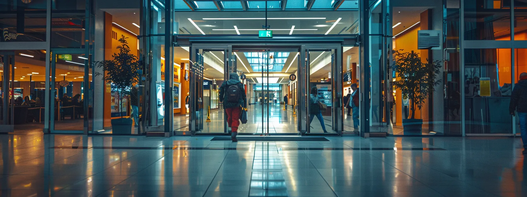 an automatic door being serviced and checked for functionality in a busy commercial building.