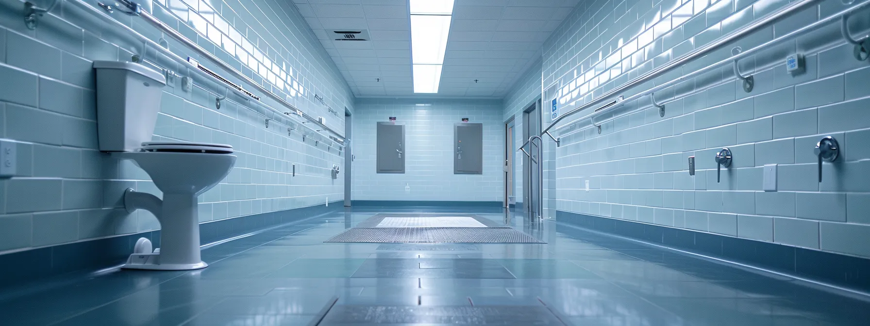 a lavatory with properly positioned grab bars and clear floor space for wheelchair access.