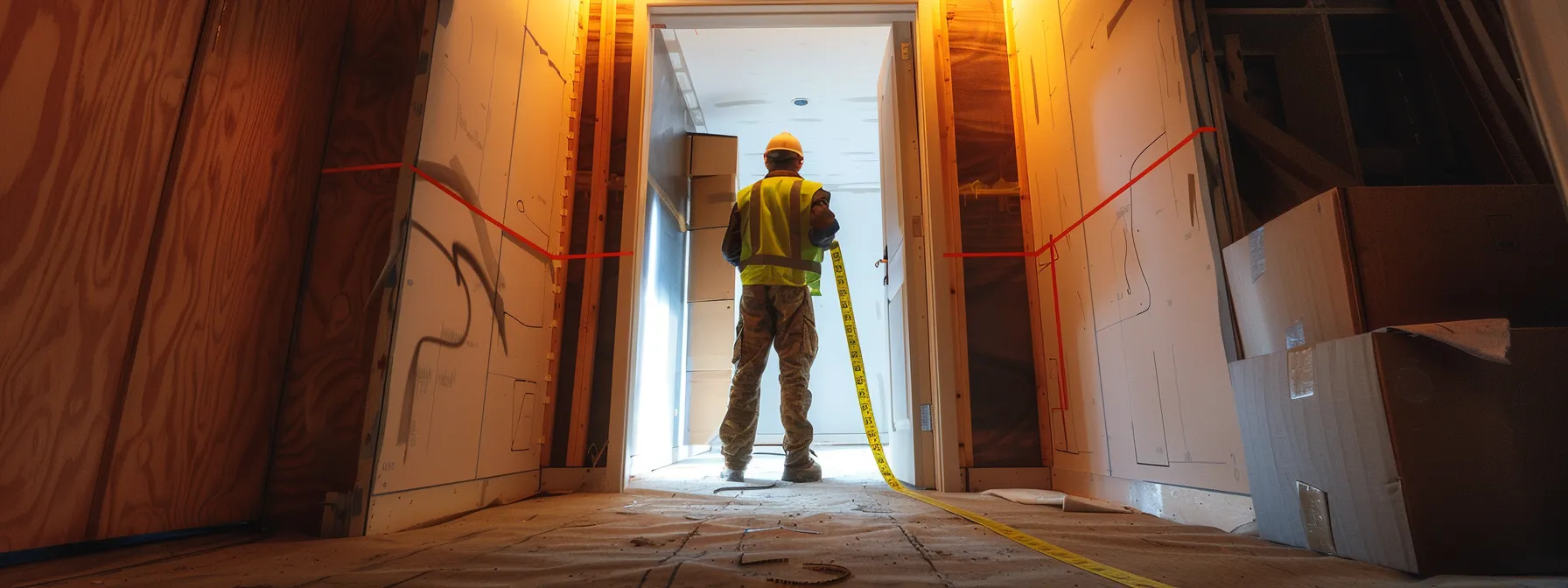 a person measuring the width of a doorway with a tape measure to ensure ada compliance.