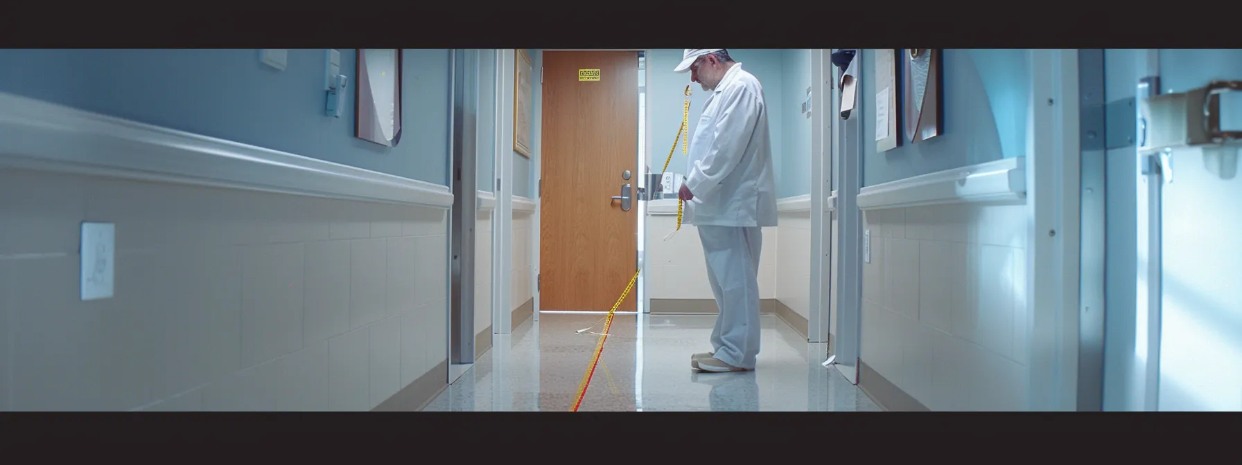 an individual measuring a door width with a tape measure in a healthcare facility.