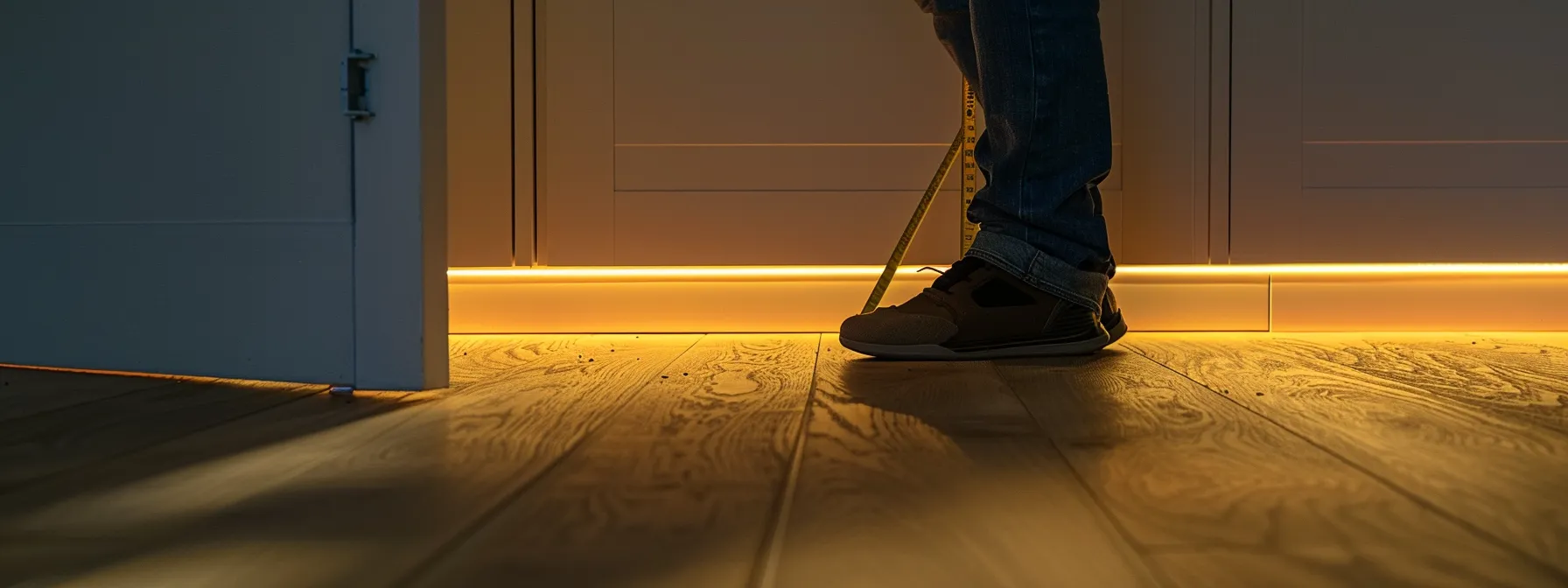 a person measuring the width of a door with a tape measure to ensure ada clearance standards are met.