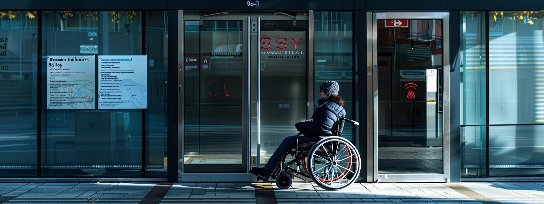 a person with a wheelchair easily maneuvering through a wide, automatic door with clear signage indicating accessibility features.