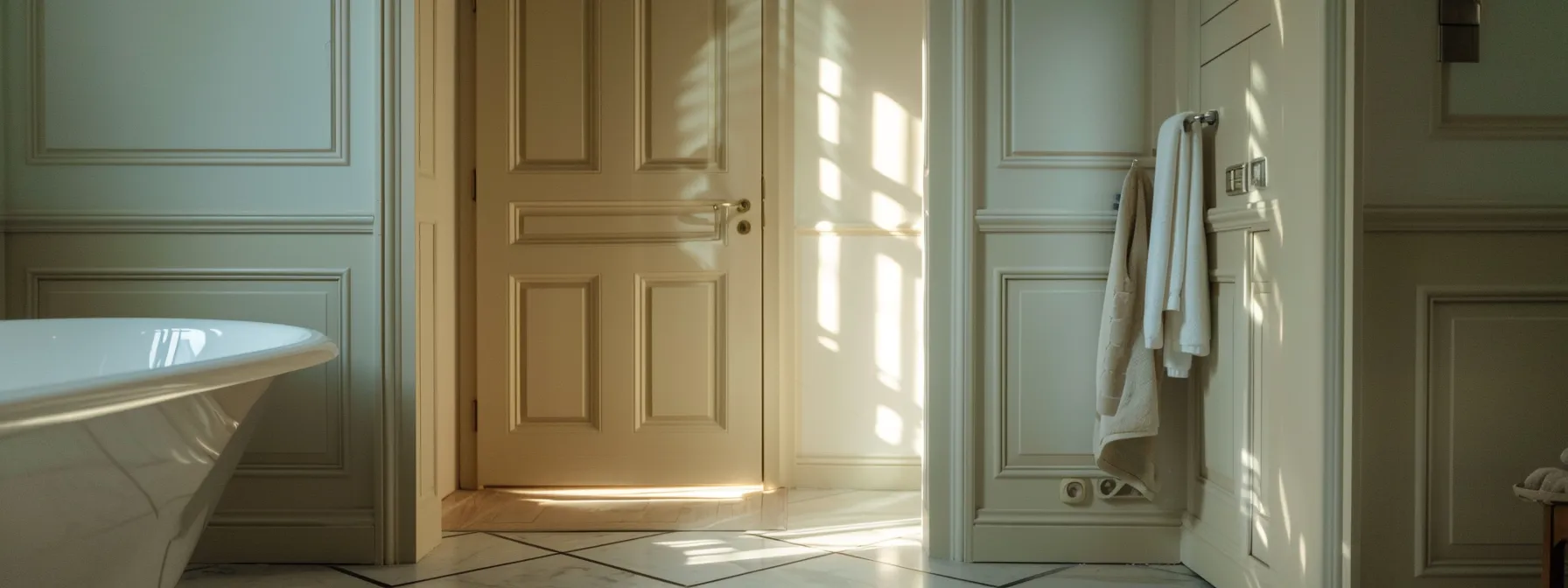 a door swinging open in a spacious bathroom with clear paths for entry and exit.