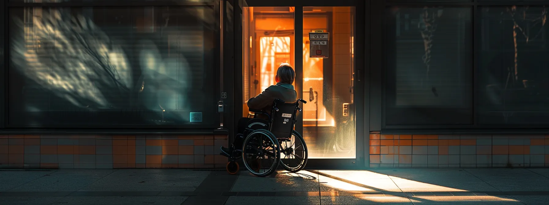 a person in a wheelchair approaching a door with a two-way communication system installed.