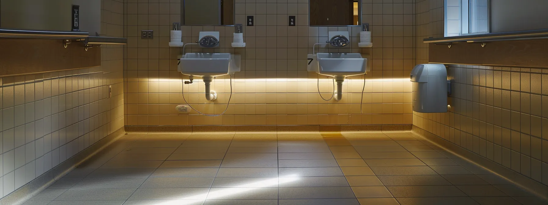 a lavatory and sink placed at optimal heights with easy access to paper towels and hand dryers for individuals with disabilities.