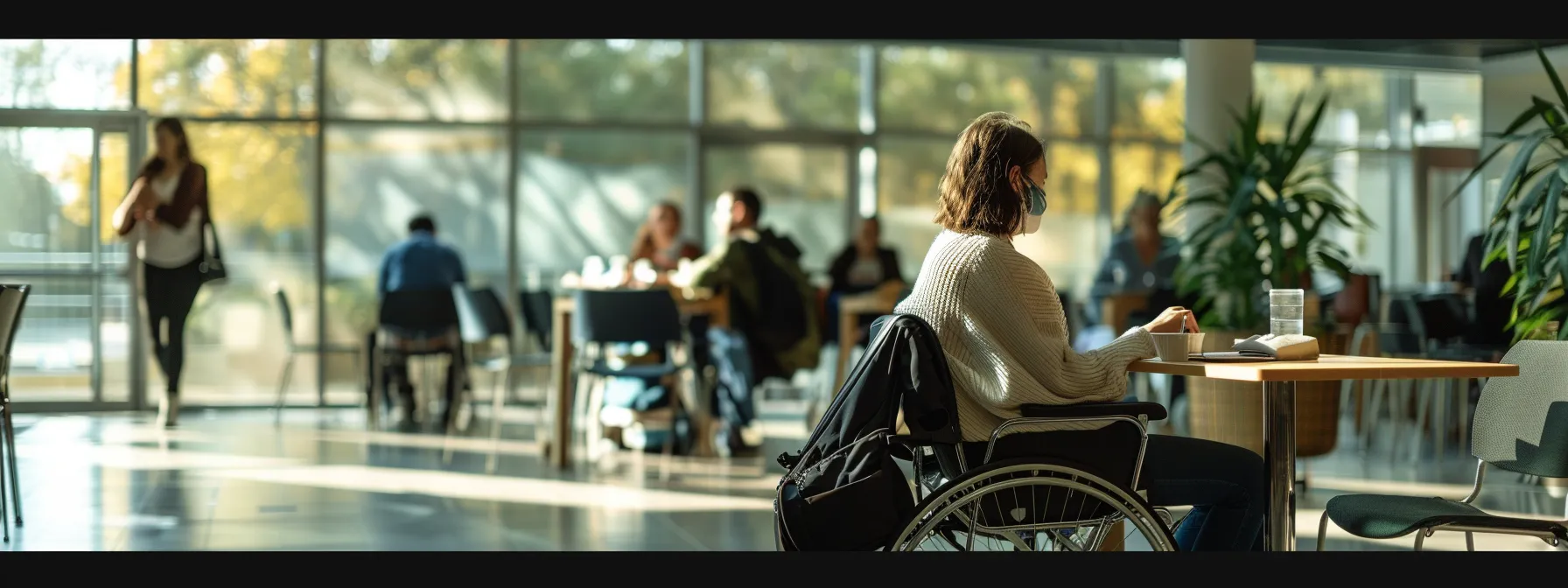 a person with a mobility impairment seamlessly alerts staff for assistance in a cafeteria through subtle, connected devices.