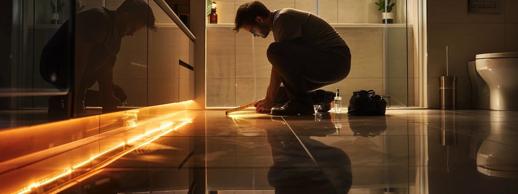 a designer measuring floor space beneath a sink in a bathroom to ensure ada compliance.