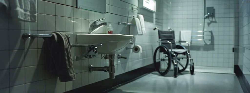 a bathroom with a wheelchair accessible sink and grab bars.