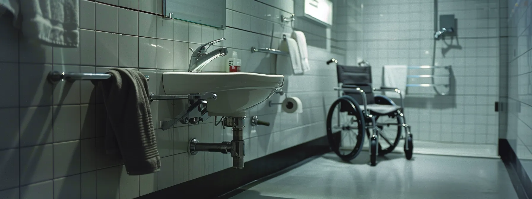 a bathroom with a wheelchair accessible sink and grab bars.