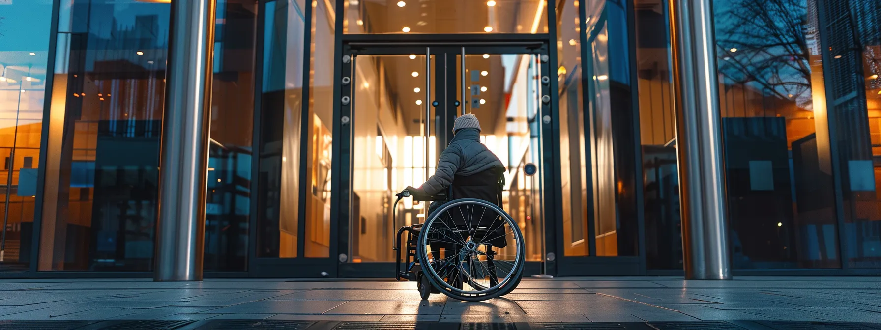 a person using a wheelchair smoothly navigating over a low threshold into a building entrance.