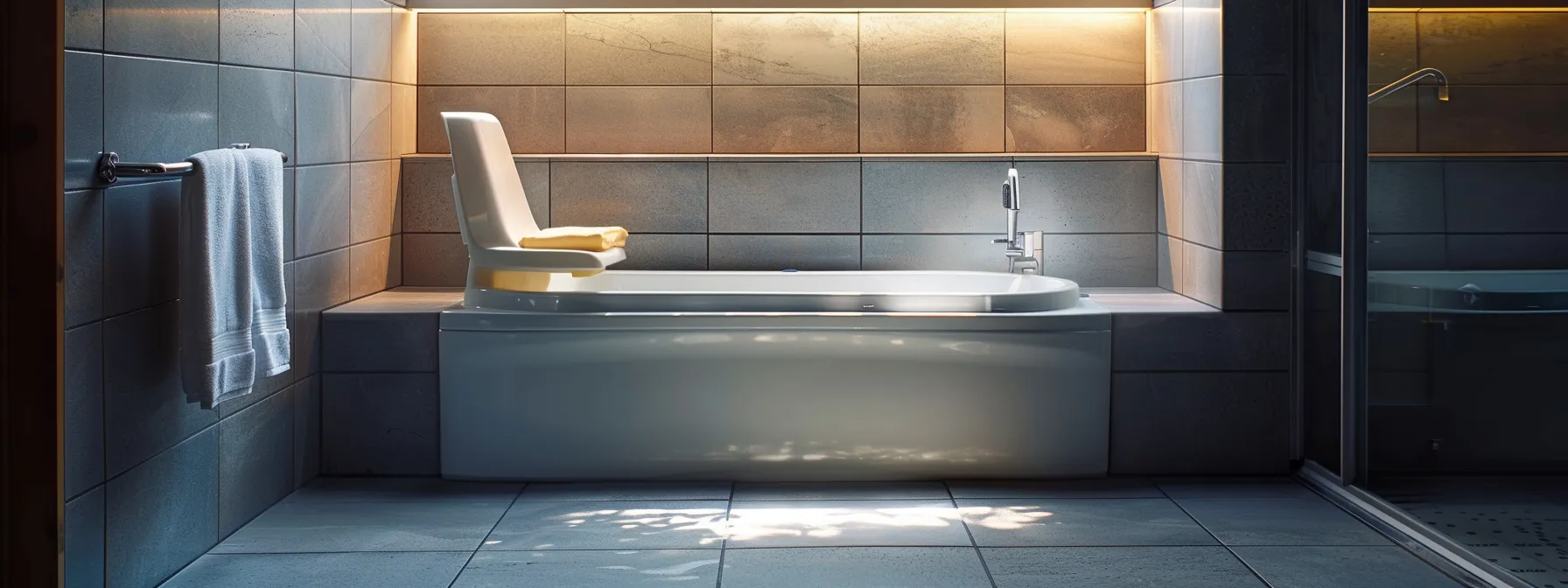 a bathtub with a permanent seat and grab bars installed for stability and support, in compliance with ada specifications.