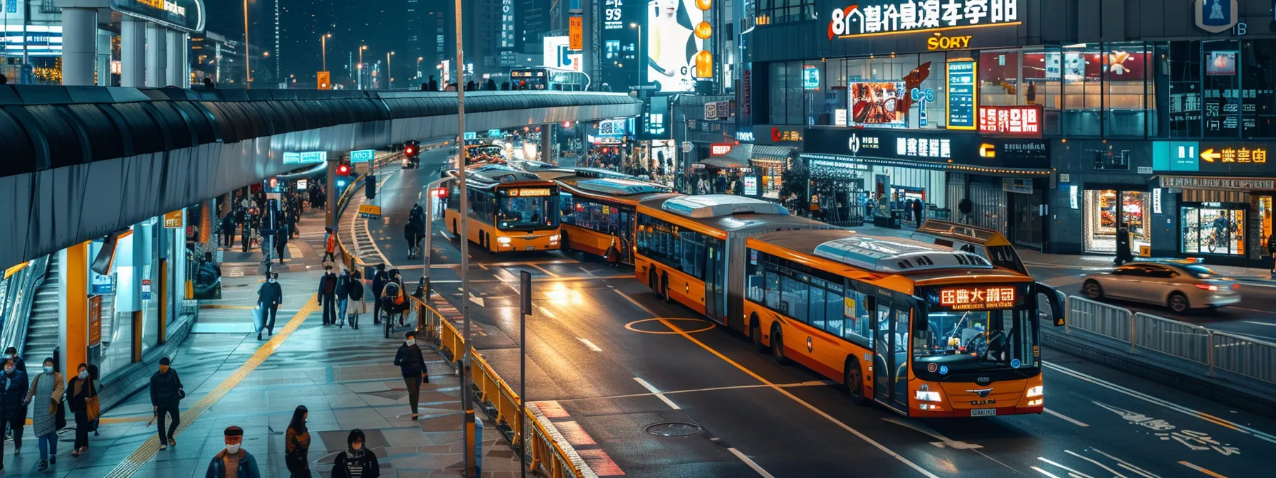 a bustling city bus station with clearly marked lanes and streamlined equipment placement to improve user movement and accessibility.