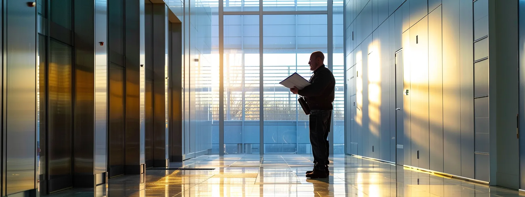 a facility manager examining a comprehensive ada compliance guide with toolkits.