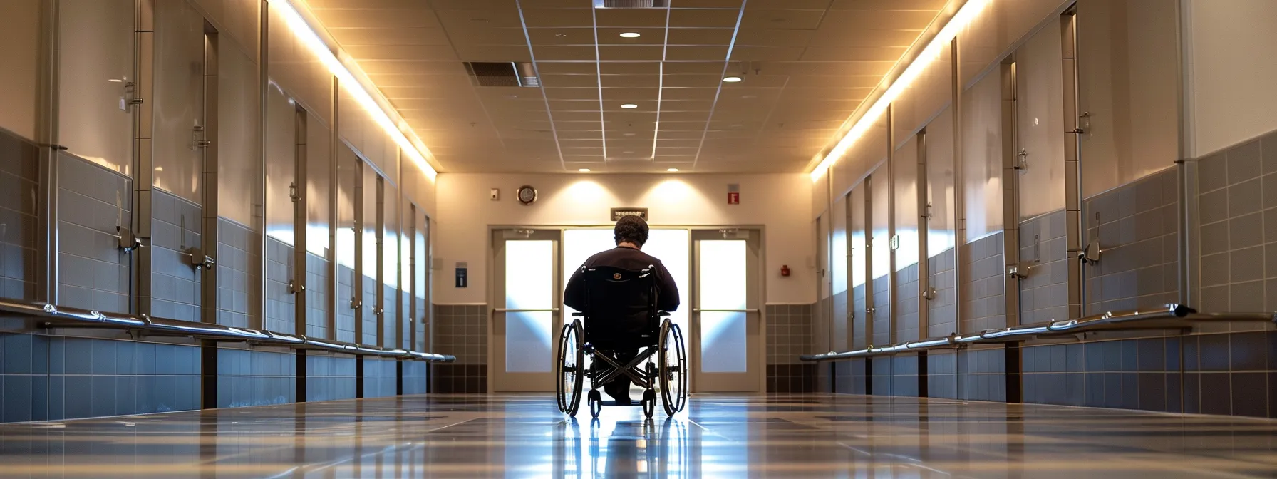 a person in a wheelchair maneuvering through a public restroom with proper knee clearance and accessible amenities.