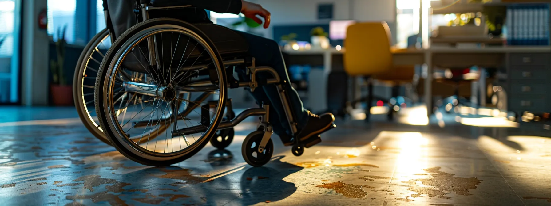 a person in a wheelchair comfortably navigating under a desk with ample knee clearance.