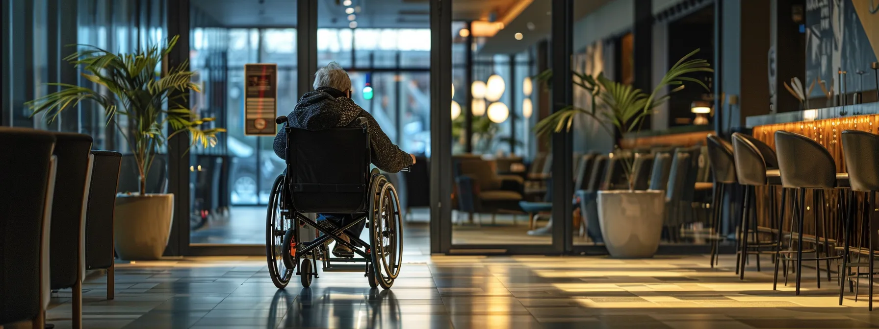 a wheelchair easily passing through a wide doorway in a public establishment.