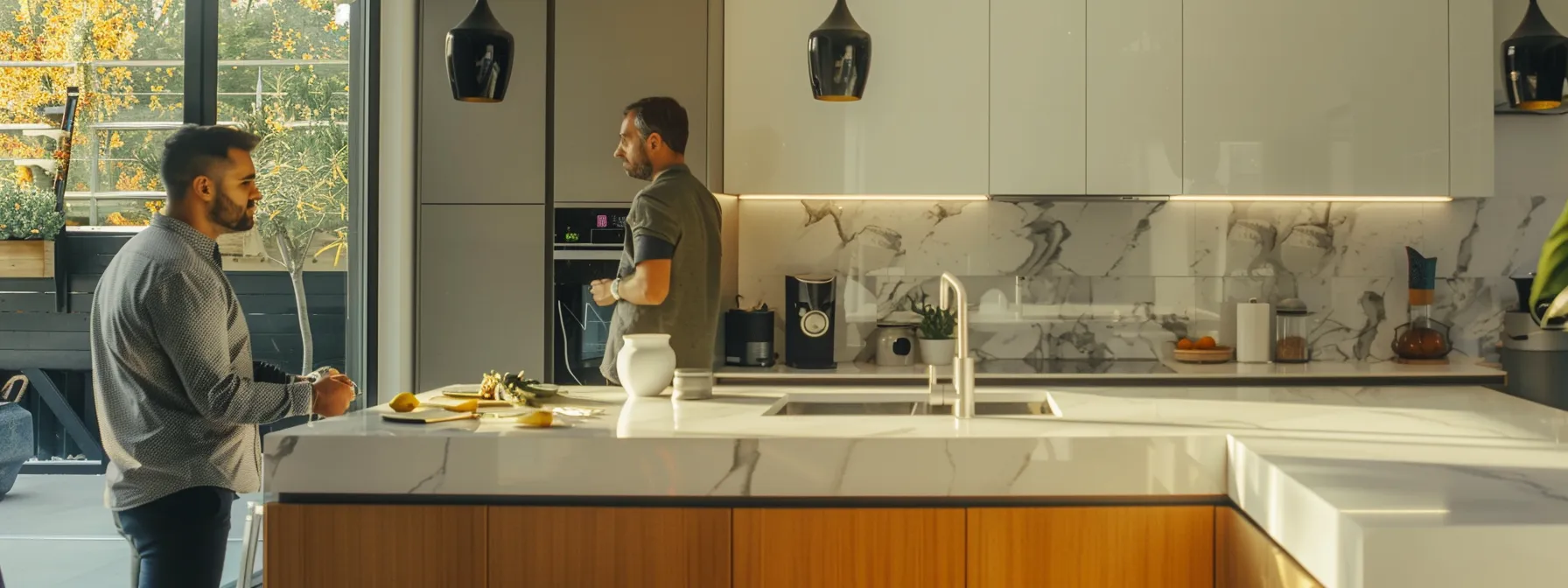 architects discussing and measuring various countertop heights in a modern kitchen.