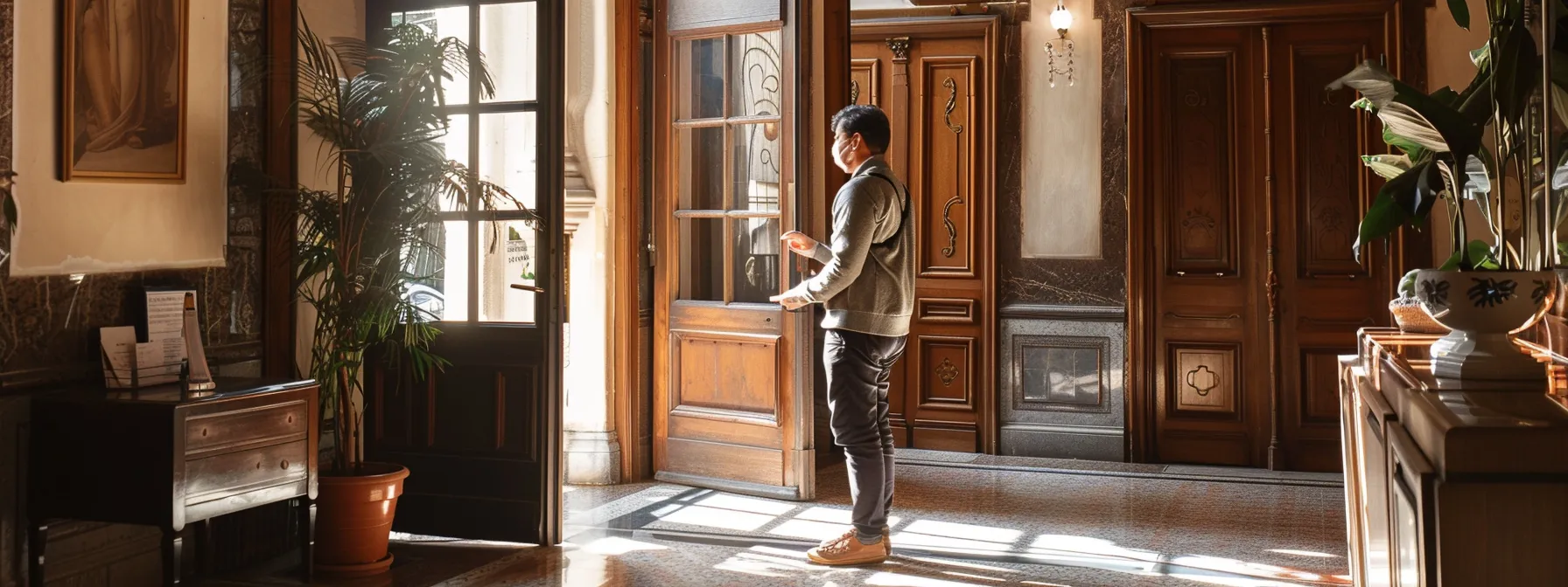 a person checks the width and height of a doorway, noting the accessibility features in place.