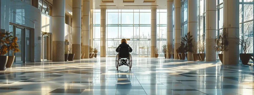 a person in a wheelchair comfortably navigating through a spacious hallway in a public building.