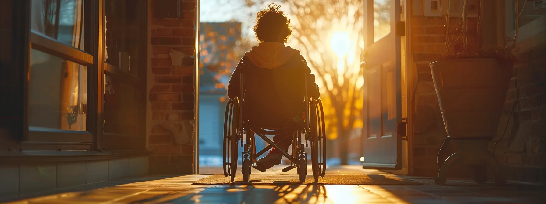 a person in a wheelchair smoothly navigating through a door with accessible threshold and hardware compliance.