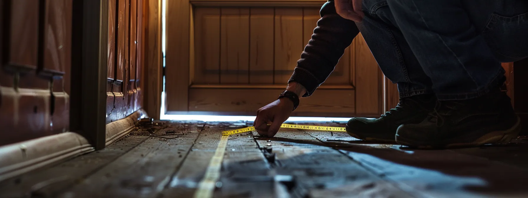 a person measuring the width of a doorway with a tape measure.