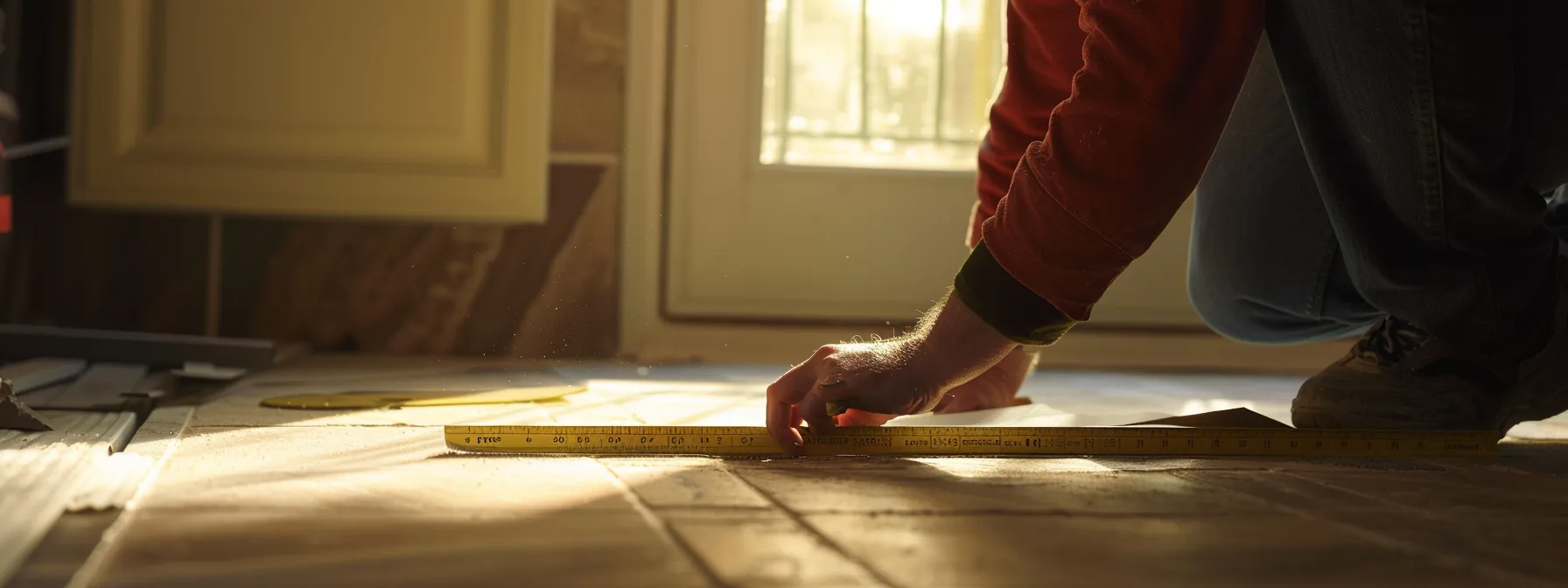 a person measuring the height of a threshold with a level before installation.