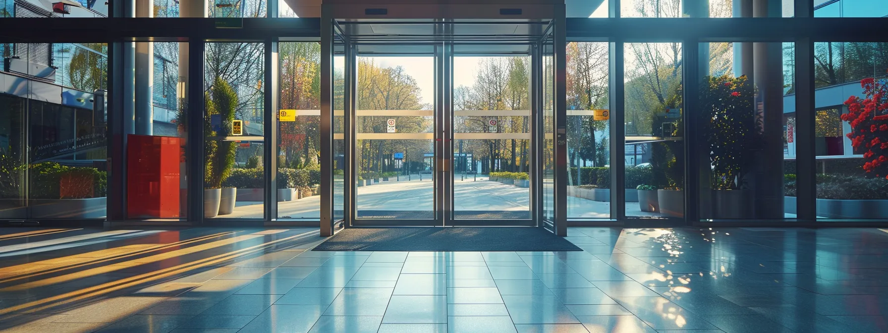 a full-powered automatic door swinging open at a healthcare facility entrance.