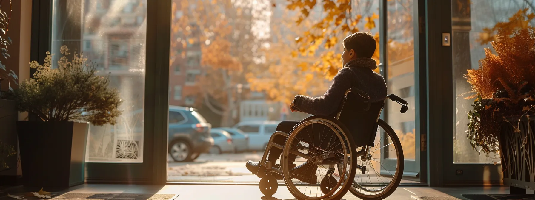 a person in a wheelchair easily opening a door with ada-compliant hardware.