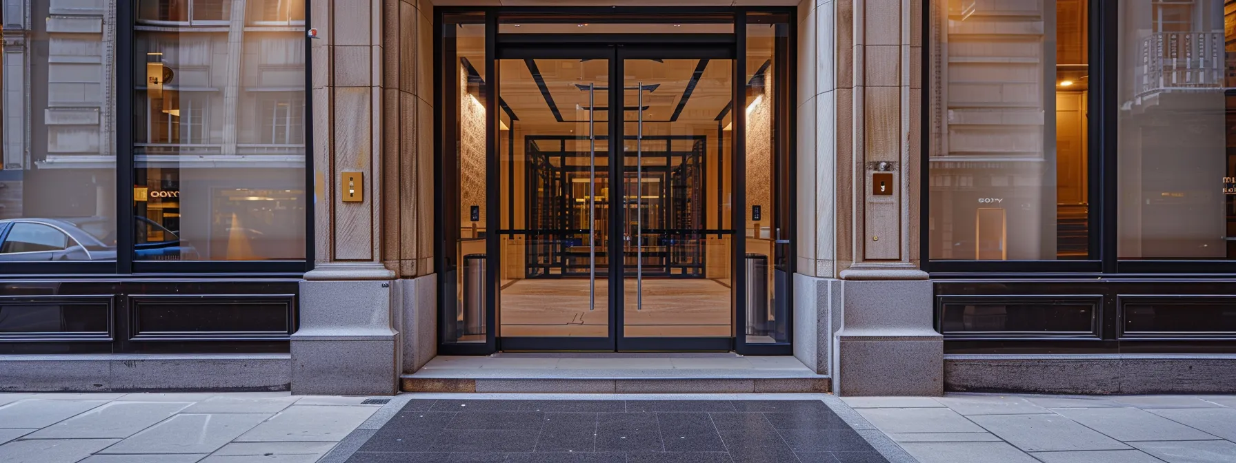 a power-assisted door with an ada-compliant threshold seamlessly opens in a historic building, featuring grab bars for added support.