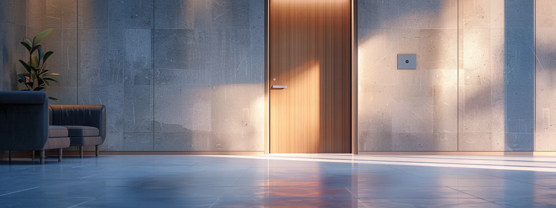 a smooth door surface with no protruding objects, clearly designed vestibule, and walls promoting seamless passage for accessibility.