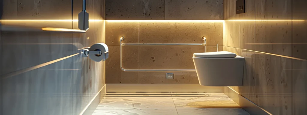 a grab bar installed beside a toilet in a commercial bathroom.