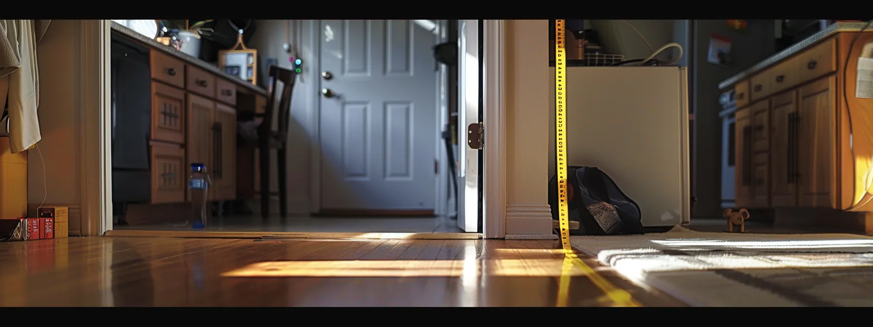 measuring the clear width of a swing door opening using a tape measure.