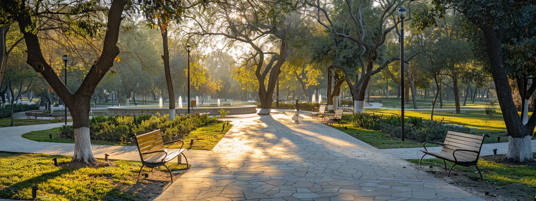 a wheelchair-accessible park with wide, smoothly paved paths and easy access to amenities like drinking fountains.