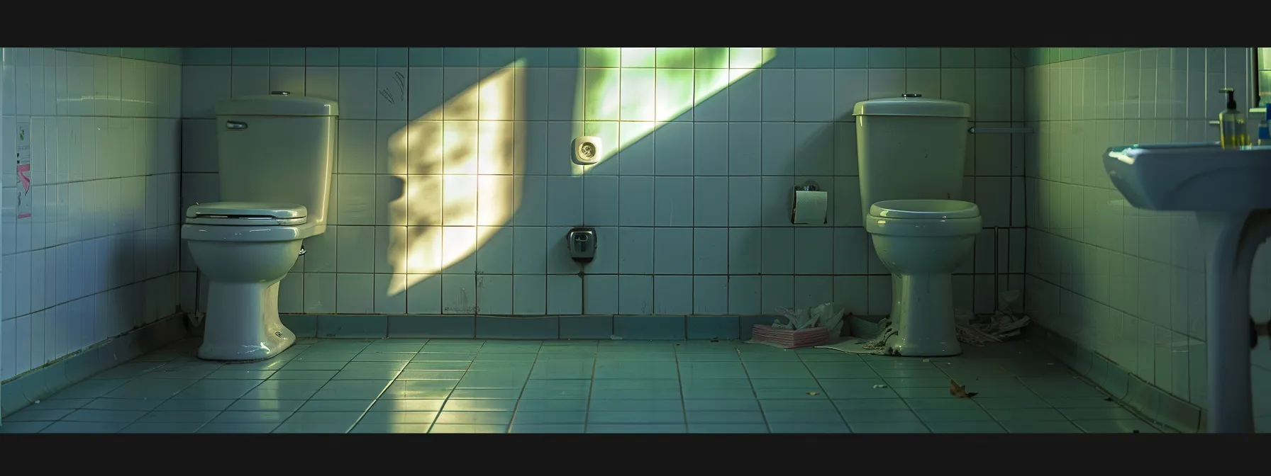 a child-sized toilet next to an adult-sized fixture in a public restroom.