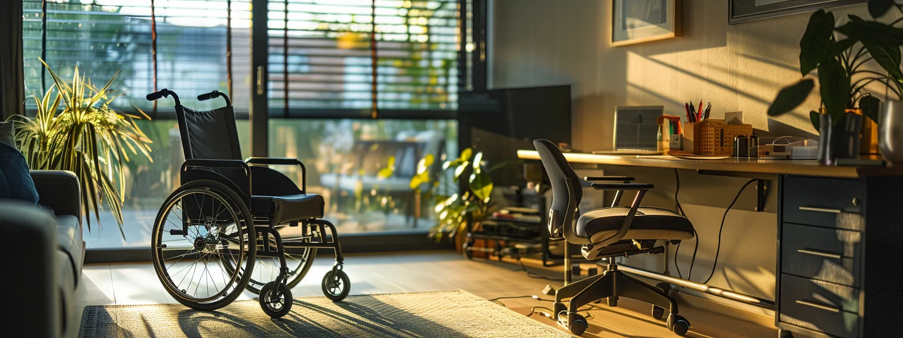 a person in a wheelchair comfortably fitting under a desk in a spacious room.