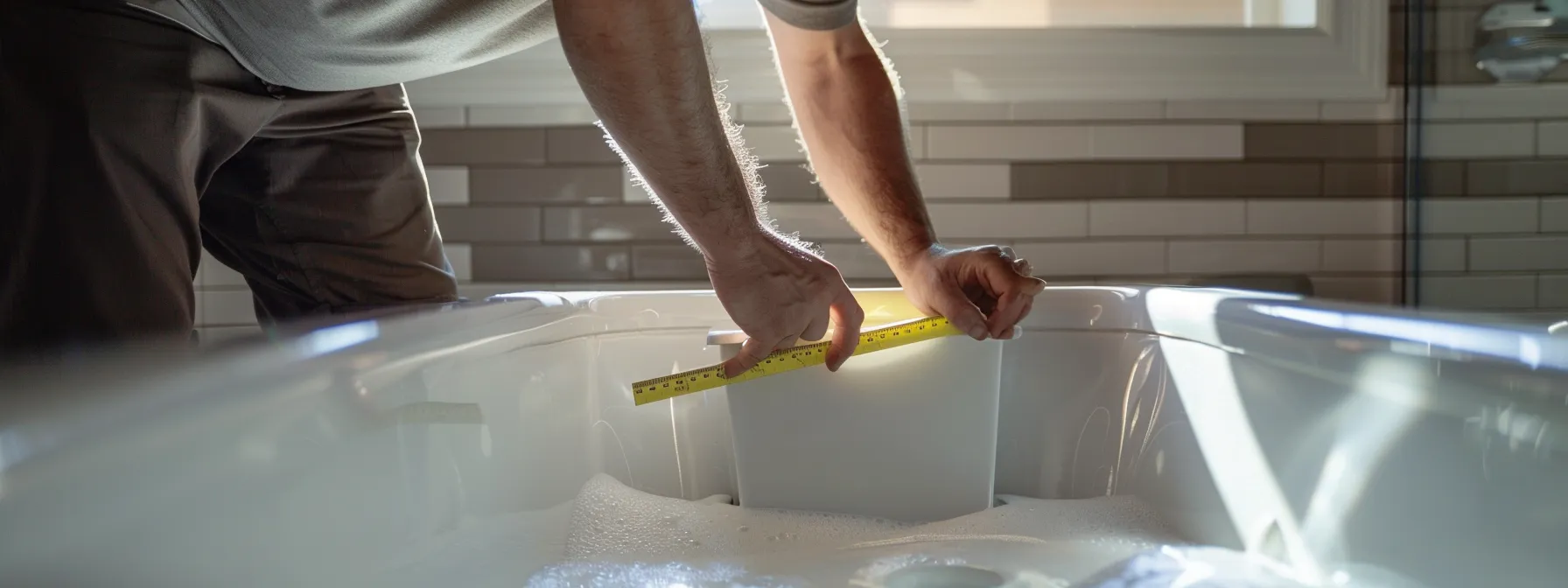 architect carefully measures and plans strategic grab bar placement in empty bathtub.