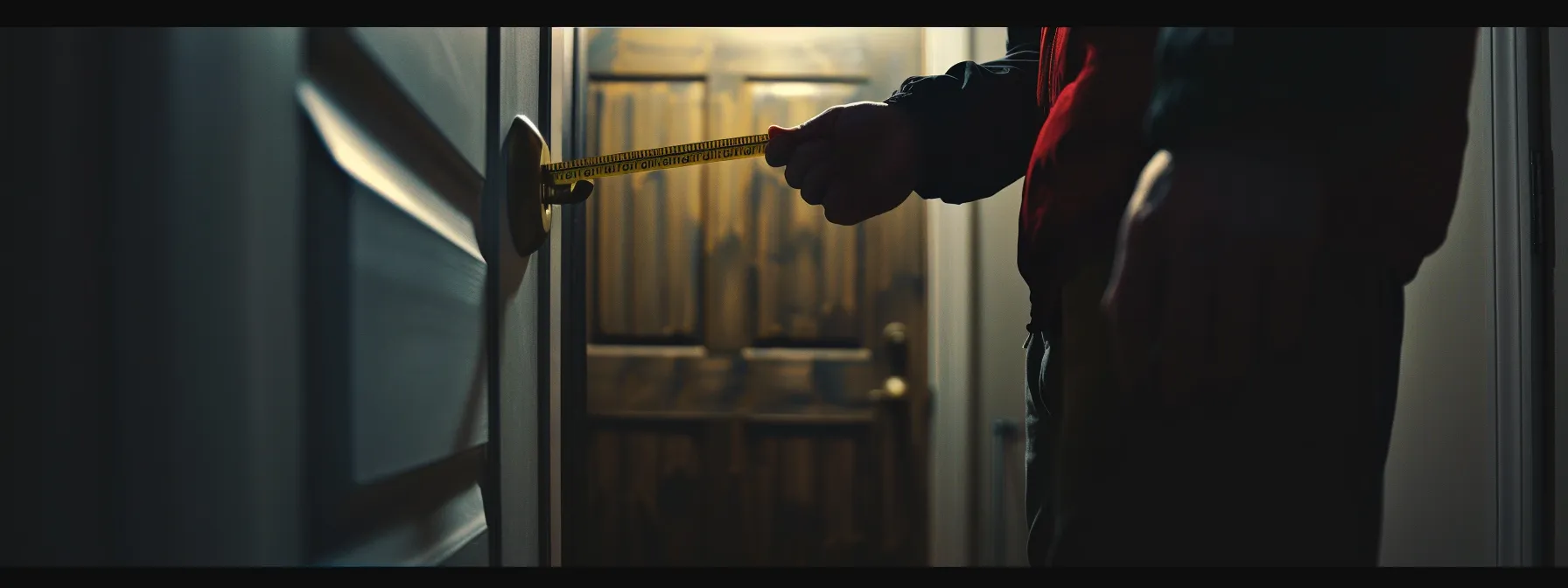 a person measuring the width of a door with a tape measure.