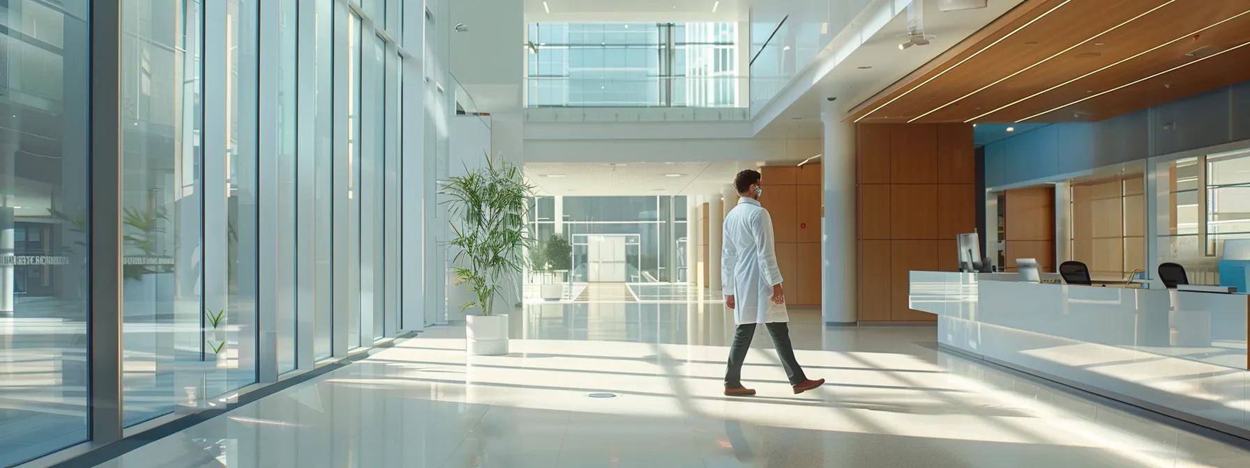 an architect measuring knee clearance space in a modern healthcare facility.