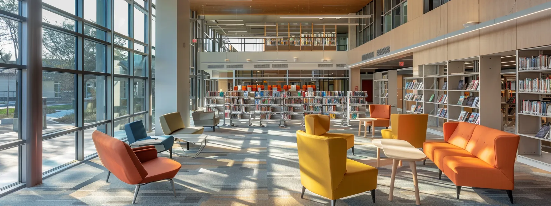 a redesigned public library with accessible shelving and seating options.