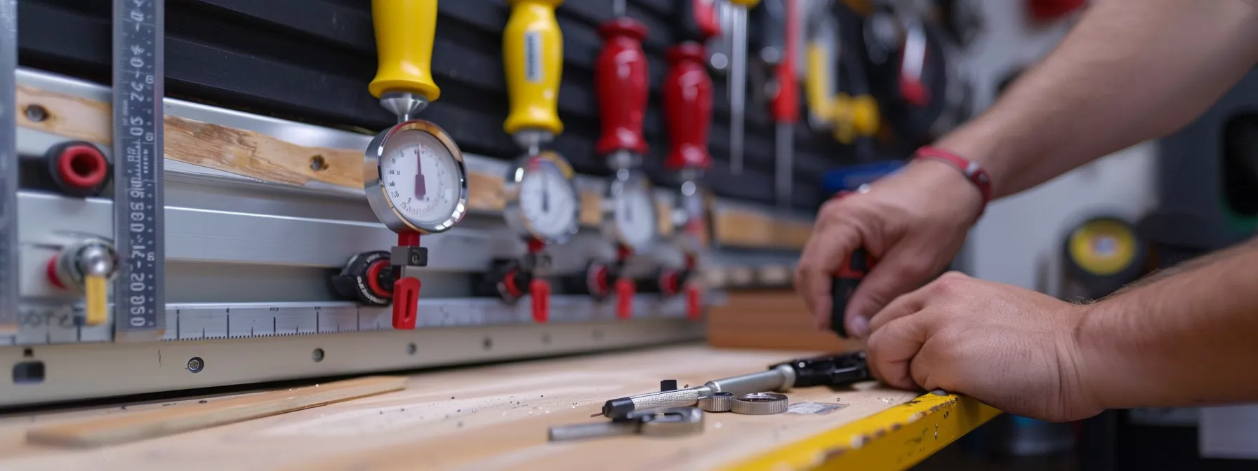 a person comparing different types of fire door gap gauges on a workbench.