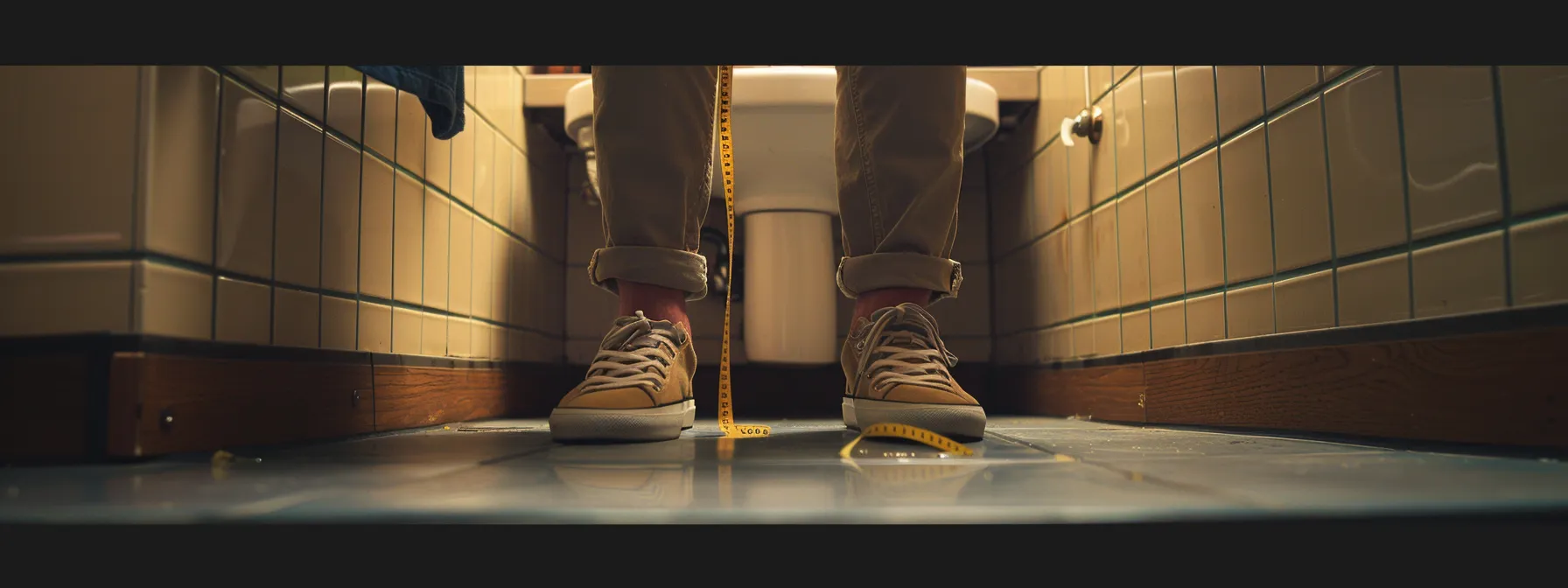 a person using a measuring tape to measure knee clearance under a sink.