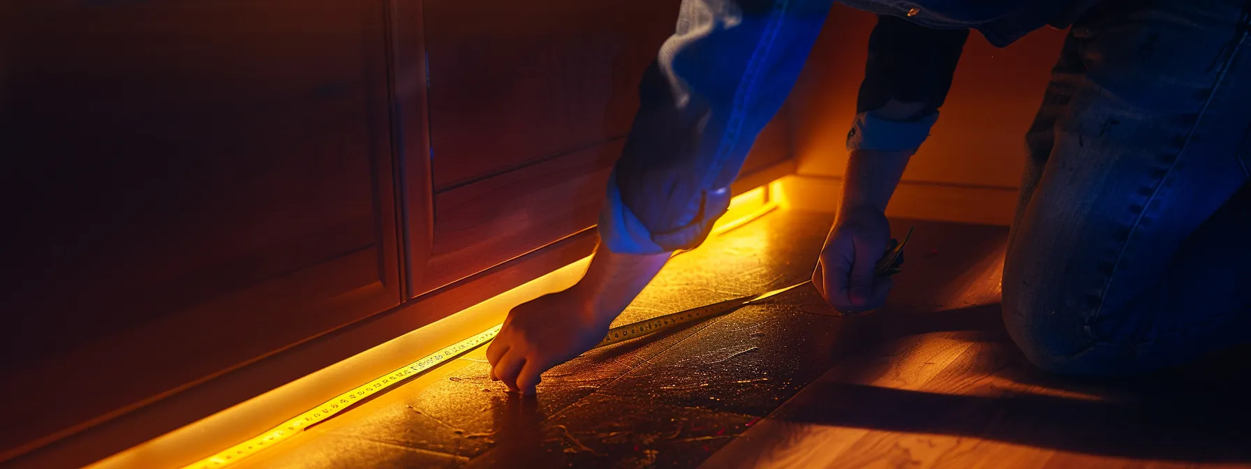 a person using a measuring tape to measure the space underneath a desk for ada knee clearance compliance.