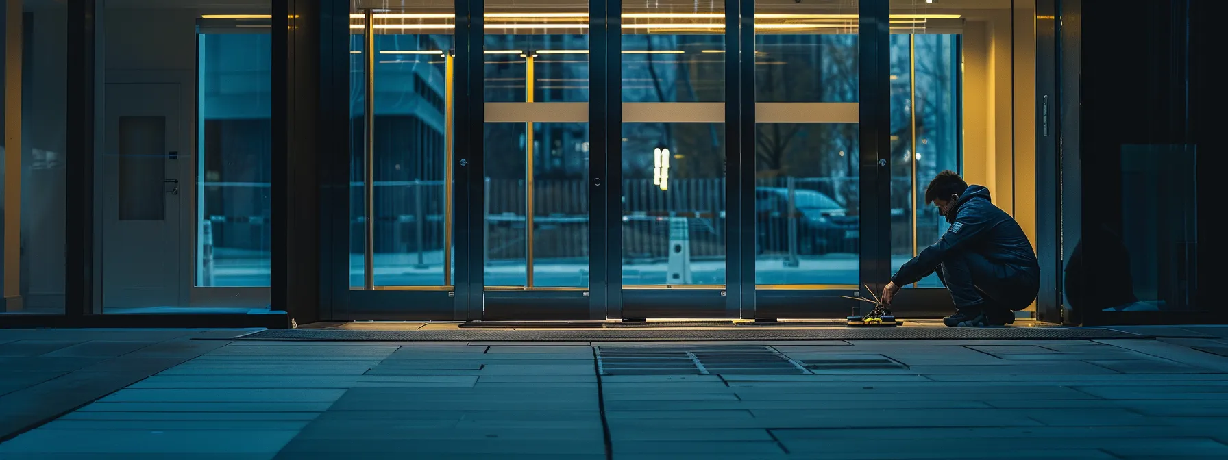 a technician using a specialized tool to measure the speed of an automatic door.