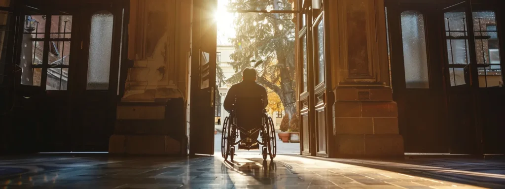 a person in a wheelchair easily navigating through a wide doorway with the door swung fully open.