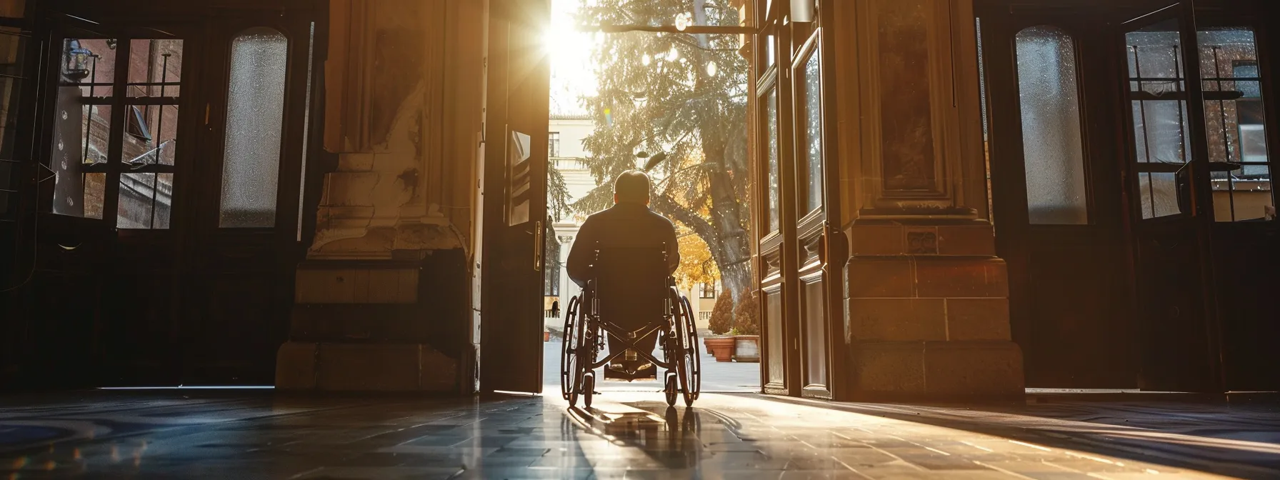 a person in a wheelchair easily navigating through a wide doorway with the door swung fully open.