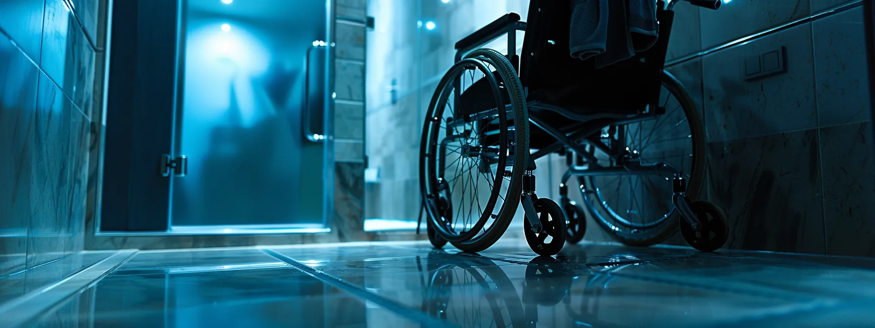 a wheelchair user entering a barrier-free accessible shower with strategically placed controls.